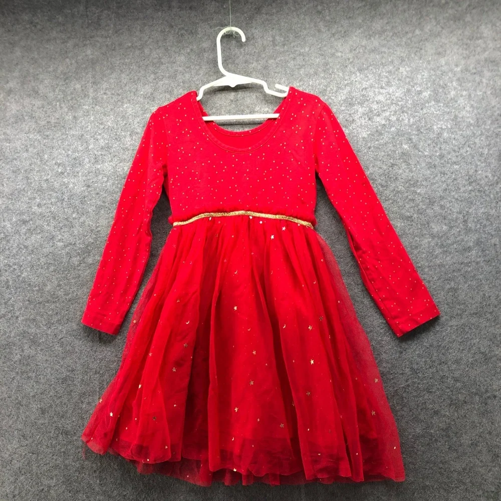 Hanna Andersson Girls 5T Red Holiday Dress Long Sleeve Tulle Gold Star Christmas